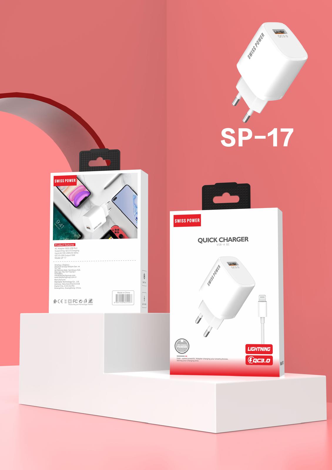 Swiss Power 18W USB-A to Lightning Kablo ve USB-A Şarj Adaptörü Seti  