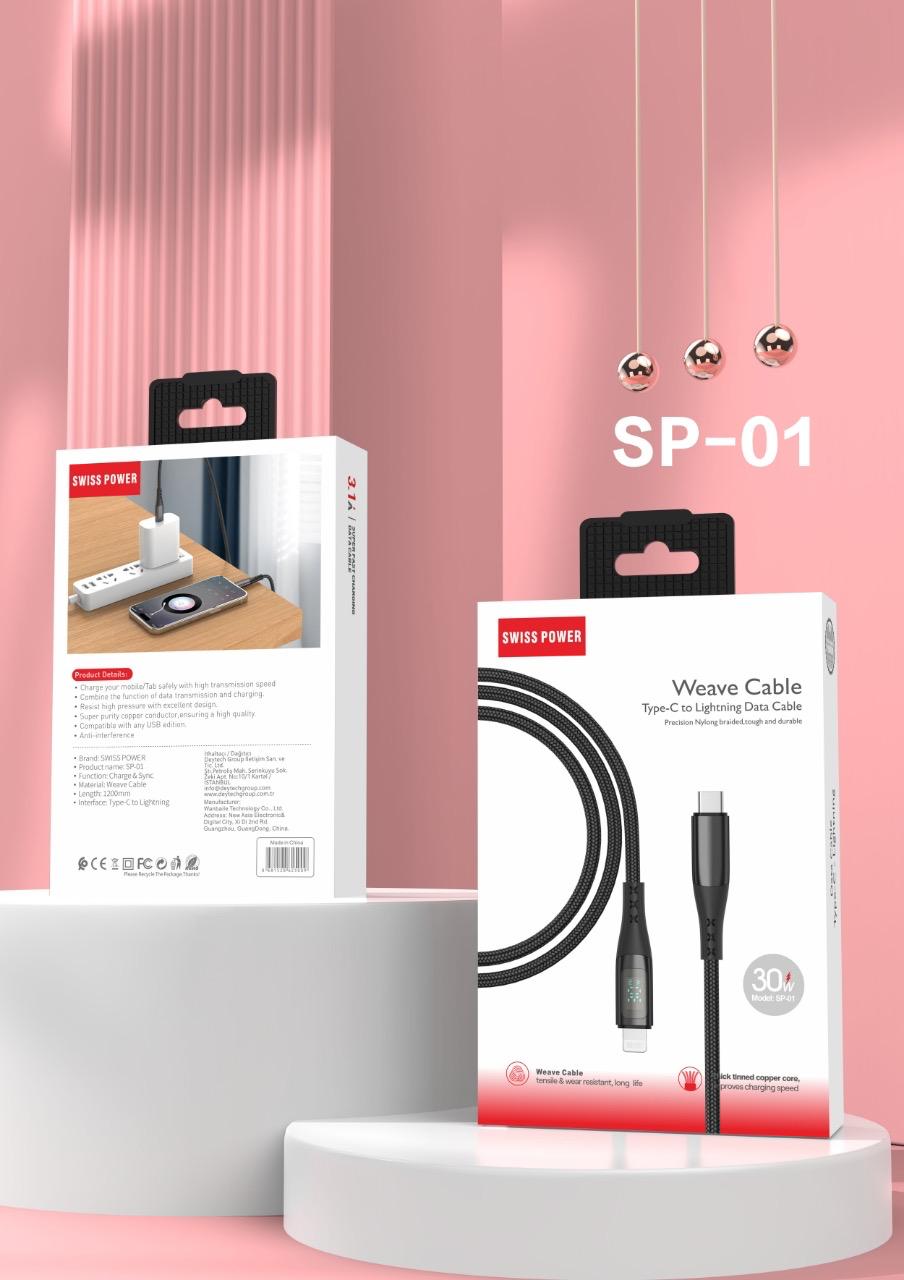 Swiss Power Örgü Dokulu Type-C to Lightning Watt Göstergeli 30W Hızlı Şarj Kablosu