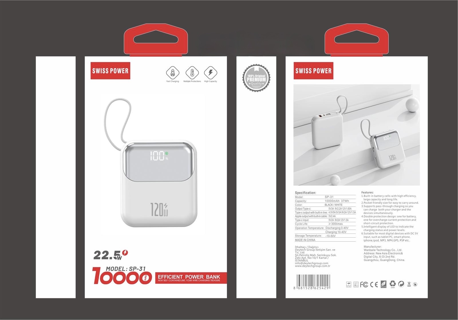 Swiss Power Dahili Kablolu 10000mAh 22.5W Portatif Powerbank