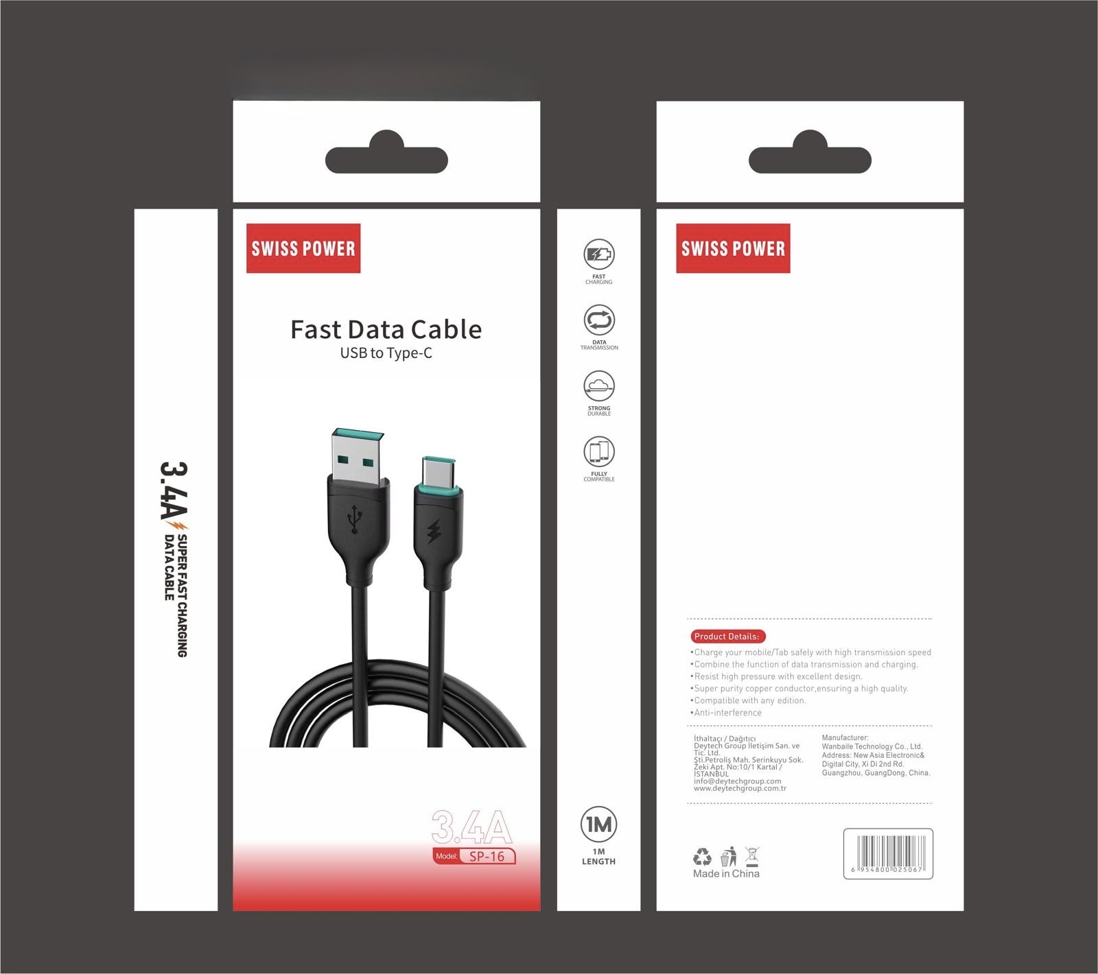 Swiss Power 3.4A USB-A to Type-C Hızlı Şarj-Data Kablosu 